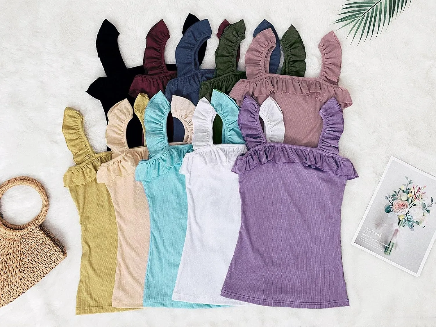 Womens Cute Sleeveless Tank Tops Ruffle Strap Square Neck Blouse Solid Color Knitted Camisole