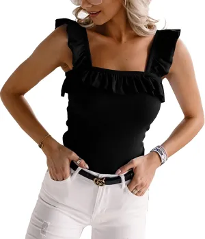 Womens Cute Sleeveless Tank Tops Ruffle Strap Square Neck Blouse Solid Color Knitted Camisole