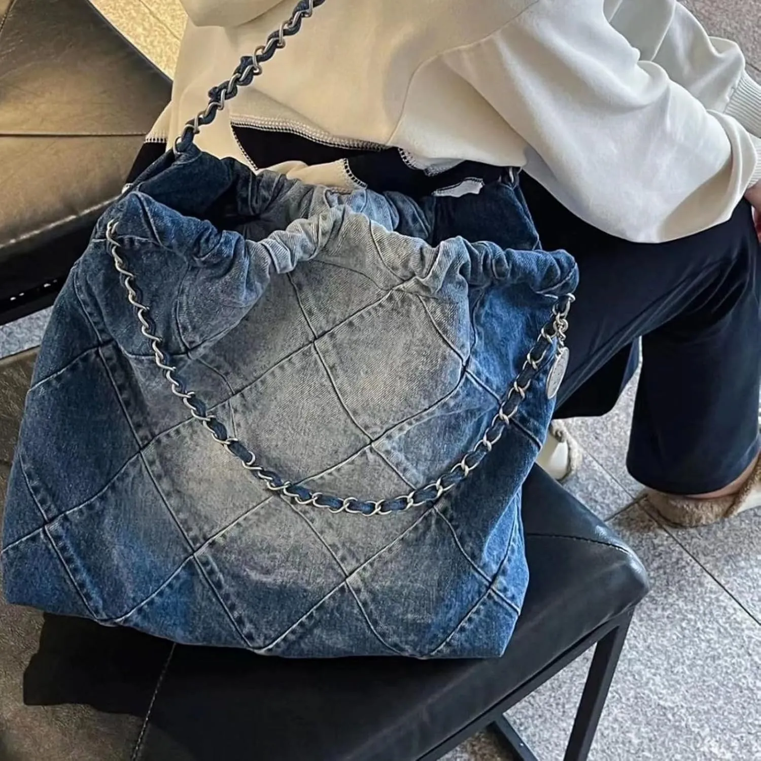 Women's diamond grid chain denim shoulder bag handbag y2kdenim bagsHobo crossbody bag mini wallet