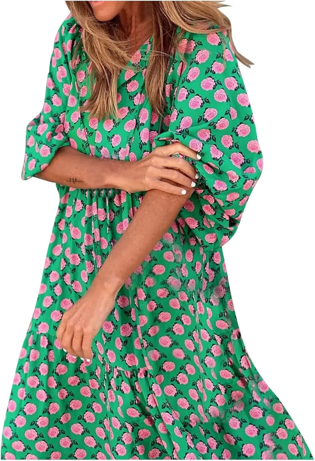 Women's Elbow Sleeve Loose Sundress Cute Flower Graphic Print Maxi Dress Casual Trendy Summer Dresses