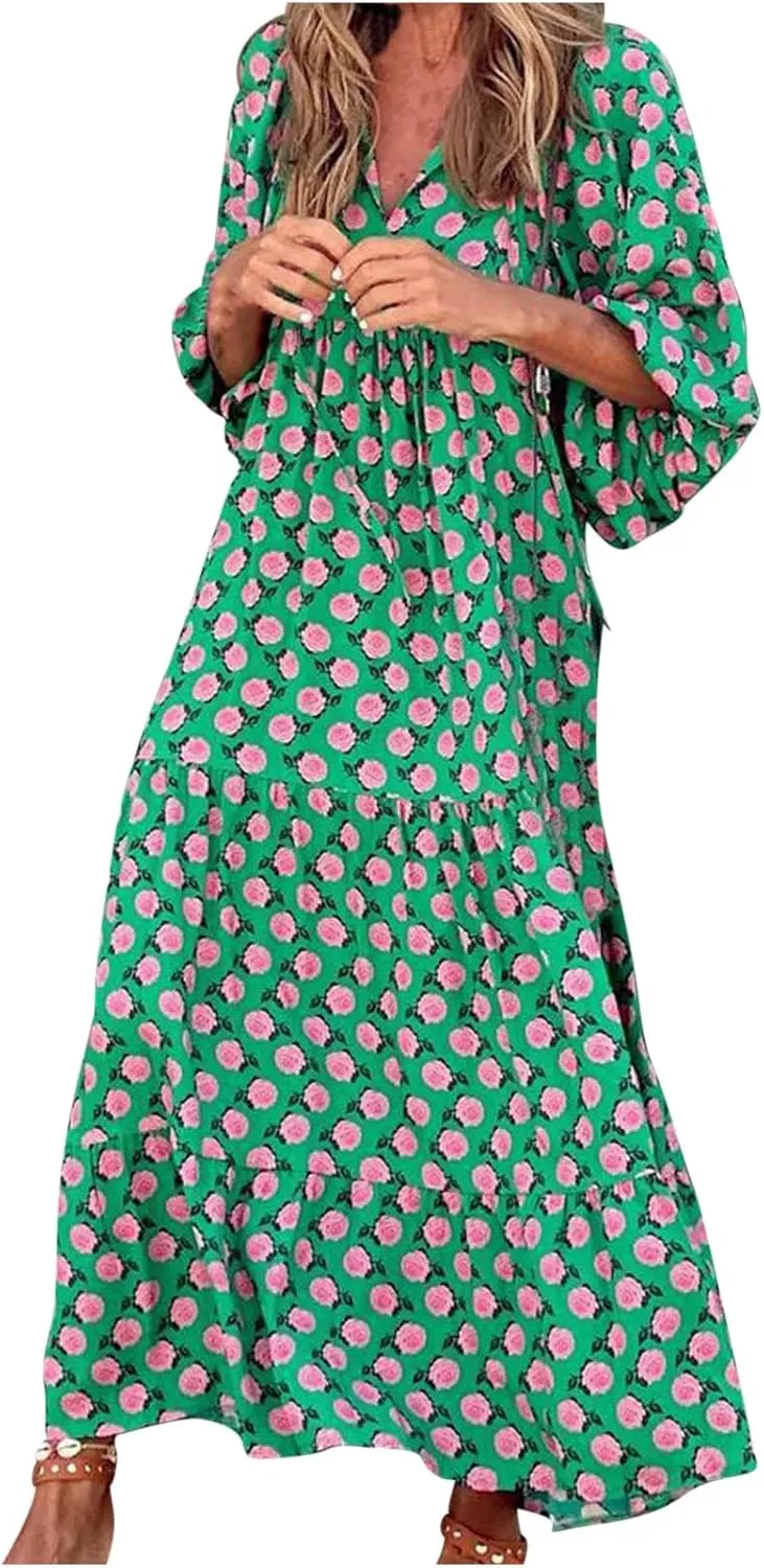 Women's Elbow Sleeve Loose Sundress Cute Flower Graphic Print Maxi Dress Casual Trendy Summer Dresses