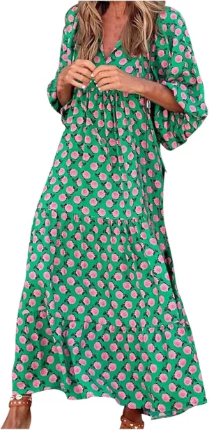 Women's Elbow Sleeve Loose Sundress Cute Flower Graphic Print Maxi Dress Casual Trendy Summer Dresses