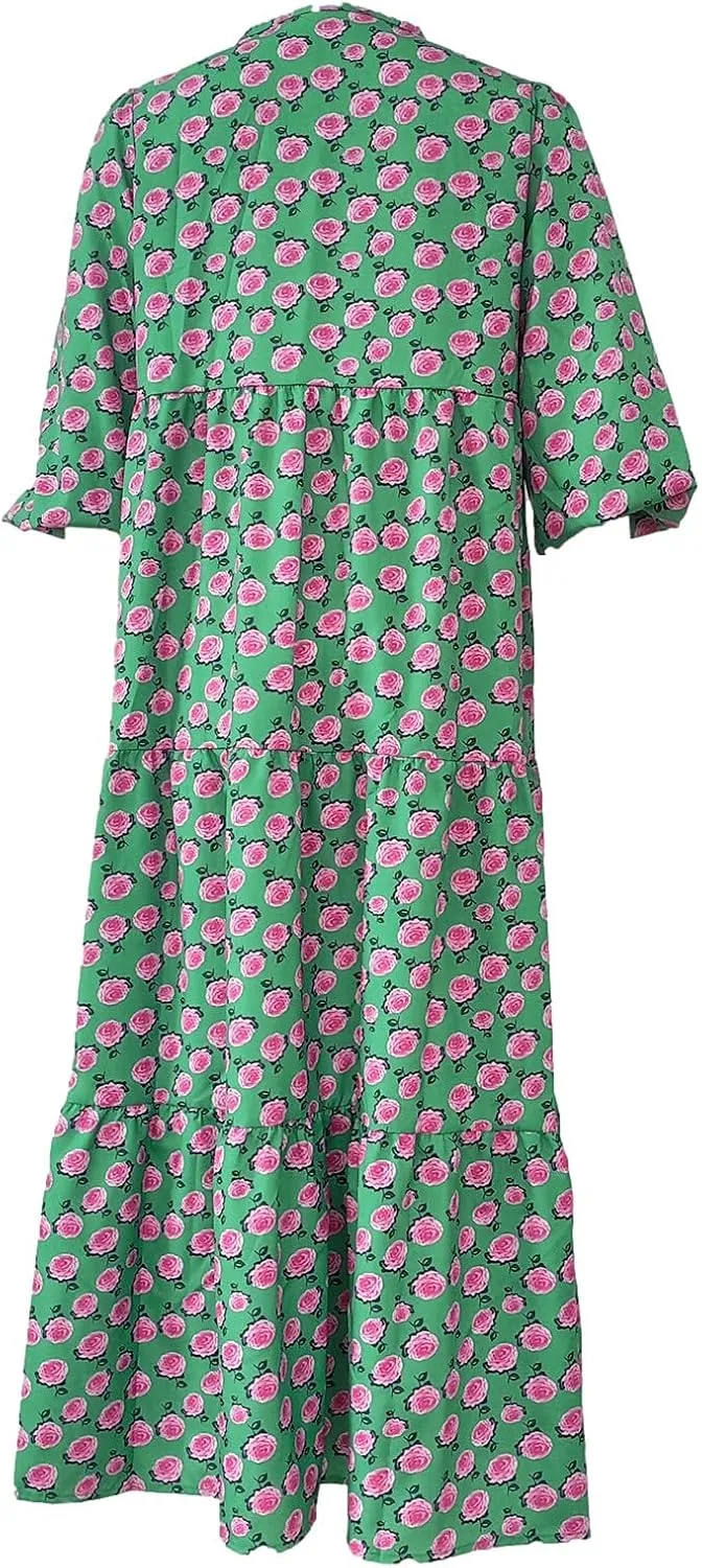 Women's Elbow Sleeve Loose Sundress Cute Flower Graphic Print Maxi Dress Casual Trendy Summer Dresses