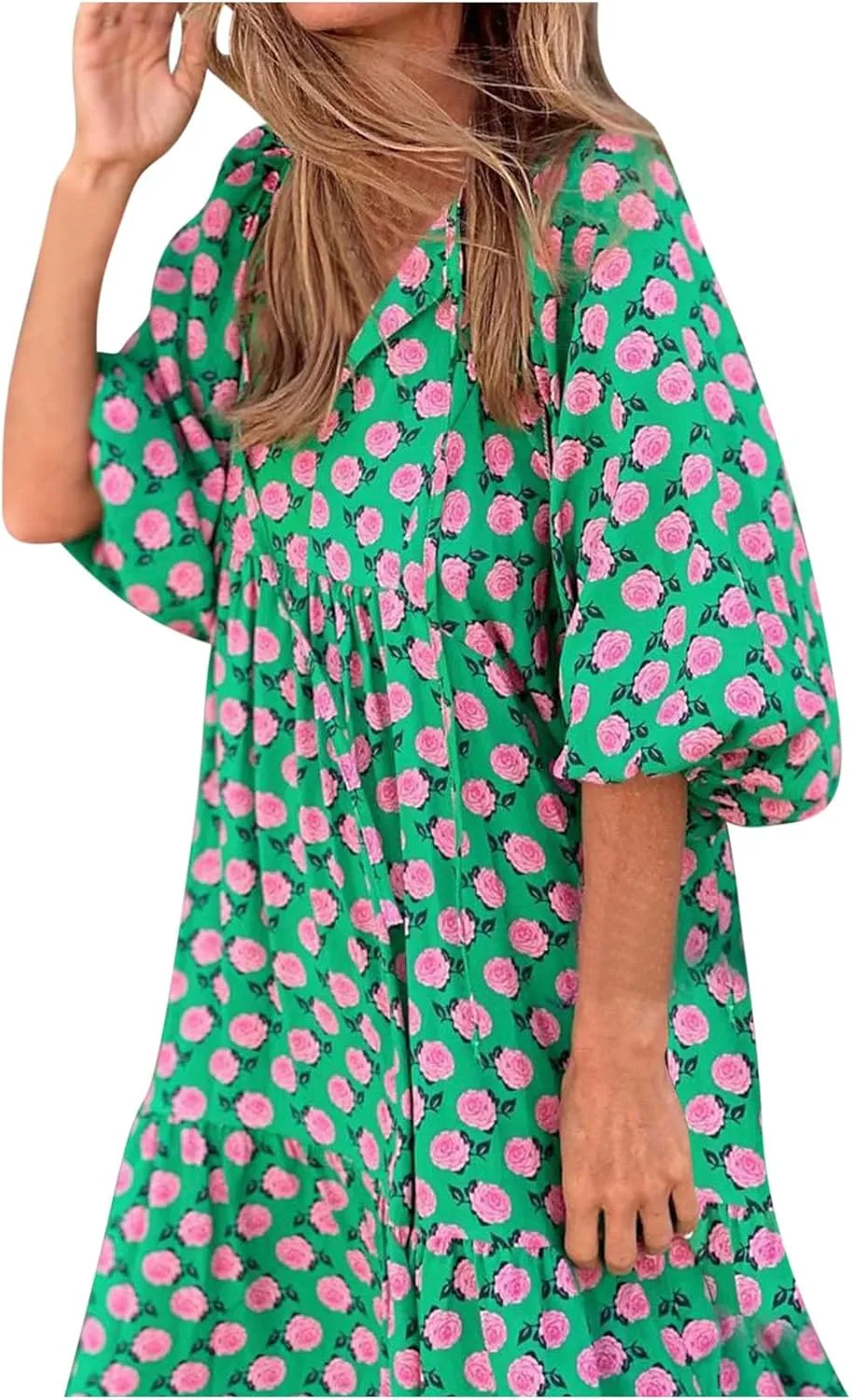 Women's Elbow Sleeve Loose Sundress Cute Flower Graphic Print Maxi Dress Casual Trendy Summer Dresses