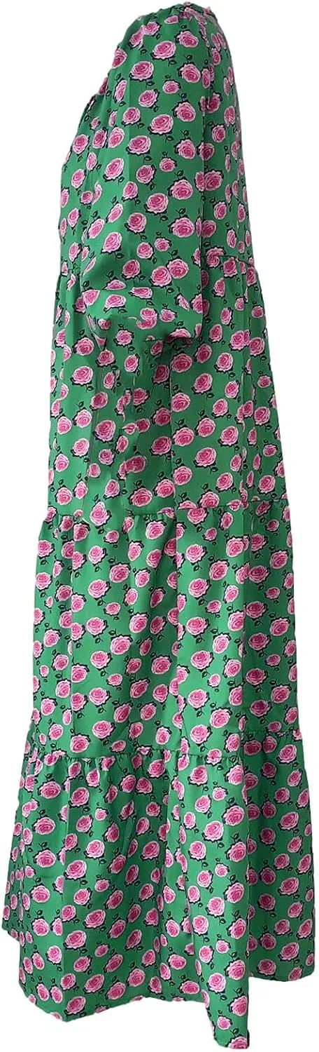 Women's Elbow Sleeve Loose Sundress Cute Flower Graphic Print Maxi Dress Casual Trendy Summer Dresses
