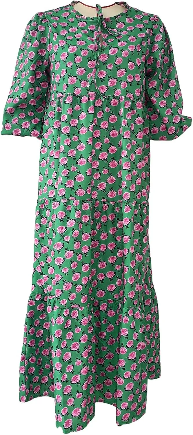 Women's Elbow Sleeve Loose Sundress Cute Flower Graphic Print Maxi Dress Casual Trendy Summer Dresses