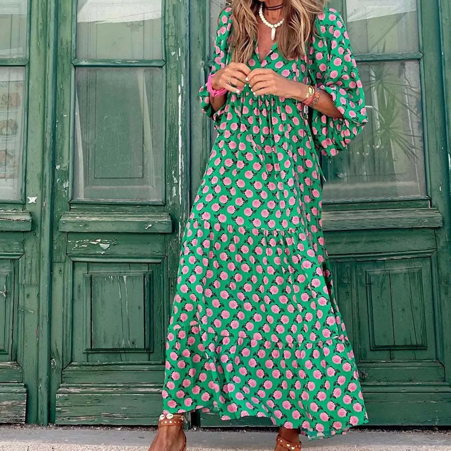 Women's Elbow Sleeve Loose Sundress Cute Flower Graphic Print Maxi Dress Casual Trendy Summer Dresses