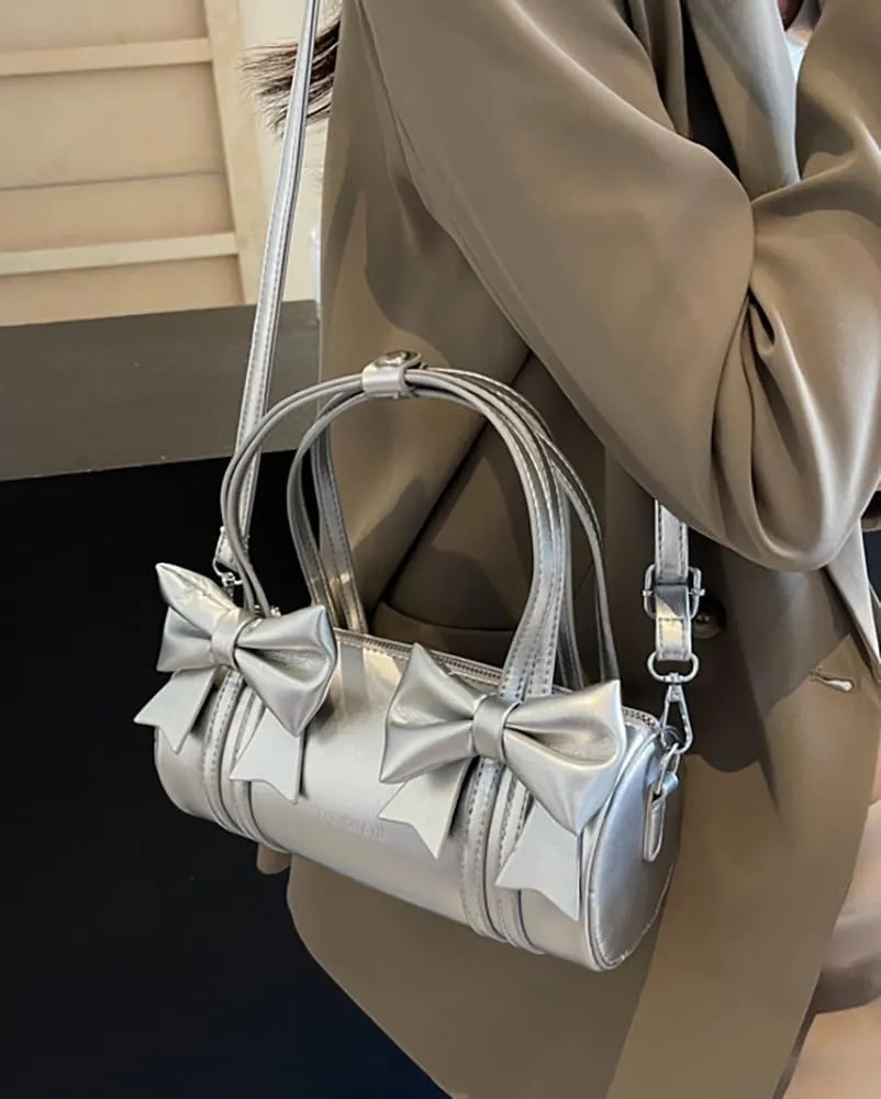 Womens Fashion Pillow Shoulder Bag Small PU Leather Crossbody Bag Y2k Tote Purse Handbag Cute Satchel with Bowknot