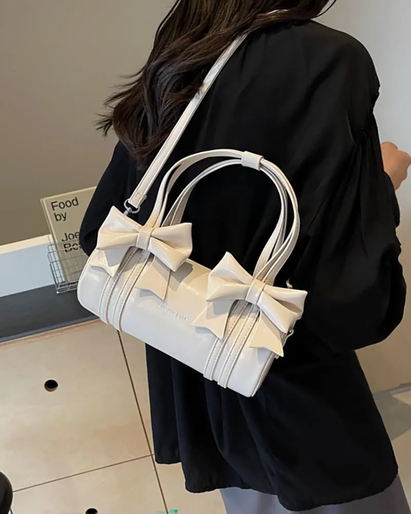 Womens Fashion Pillow Shoulder Bag Small PU Leather Crossbody Bag Y2k Tote Purse Handbag Cute Satchel with Bowknot