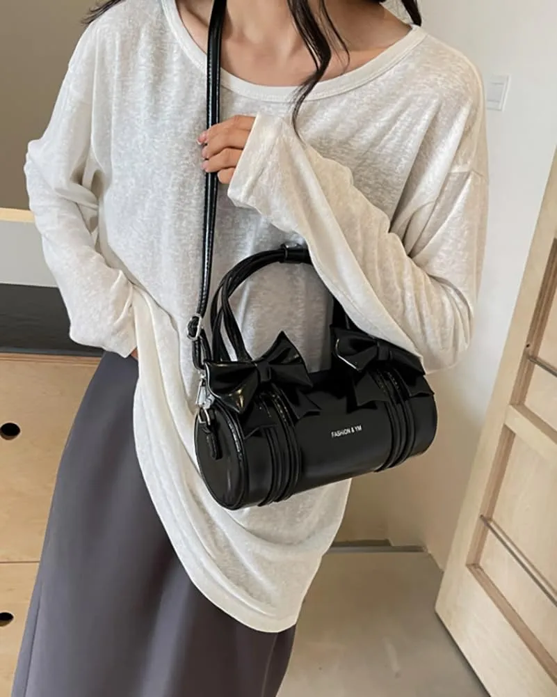 Womens Fashion Pillow Shoulder Bag Small PU Leather Crossbody Bag Y2k Tote Purse Handbag Cute Satchel with Bowknot