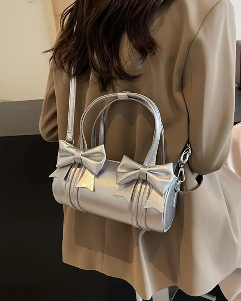 Womens Fashion Pillow Shoulder Bag Small PU Leather Crossbody Bag Y2k Tote Purse Handbag Cute Satchel with Bowknot