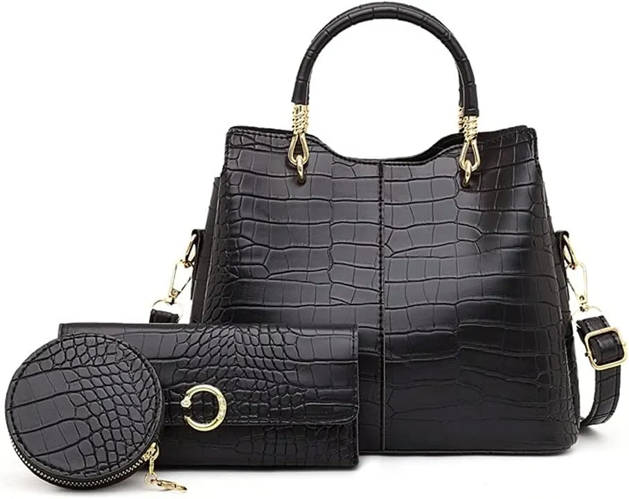 Women's Handbags 3-Piece Set Composite Bag Designer Quality PU Leather Women Handbag Ladies Fashion Small Shoulder Crossbody Bag(Black)