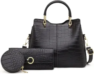Women's Handbags 3-Piece Set Composite Bag Designer Quality PU Leather Women Handbag Ladies Fashion Small Shoulder Crossbody Bag(Black)