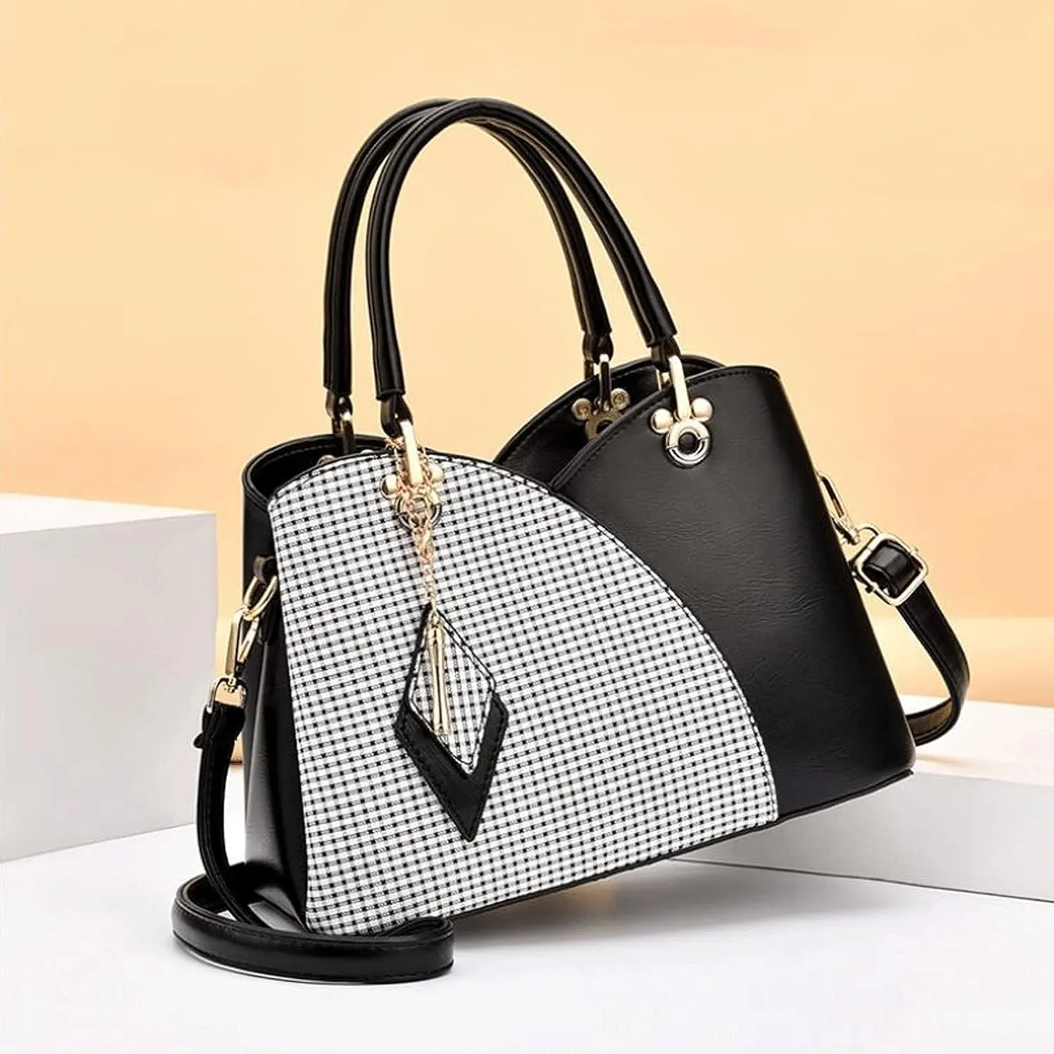 Women's Handbags Plaid Women Bags Fashion Metal Buckle Women Handbags Color Matching Shoulder Messenger Bag Lady Simple Style Hand Bags(Brown)