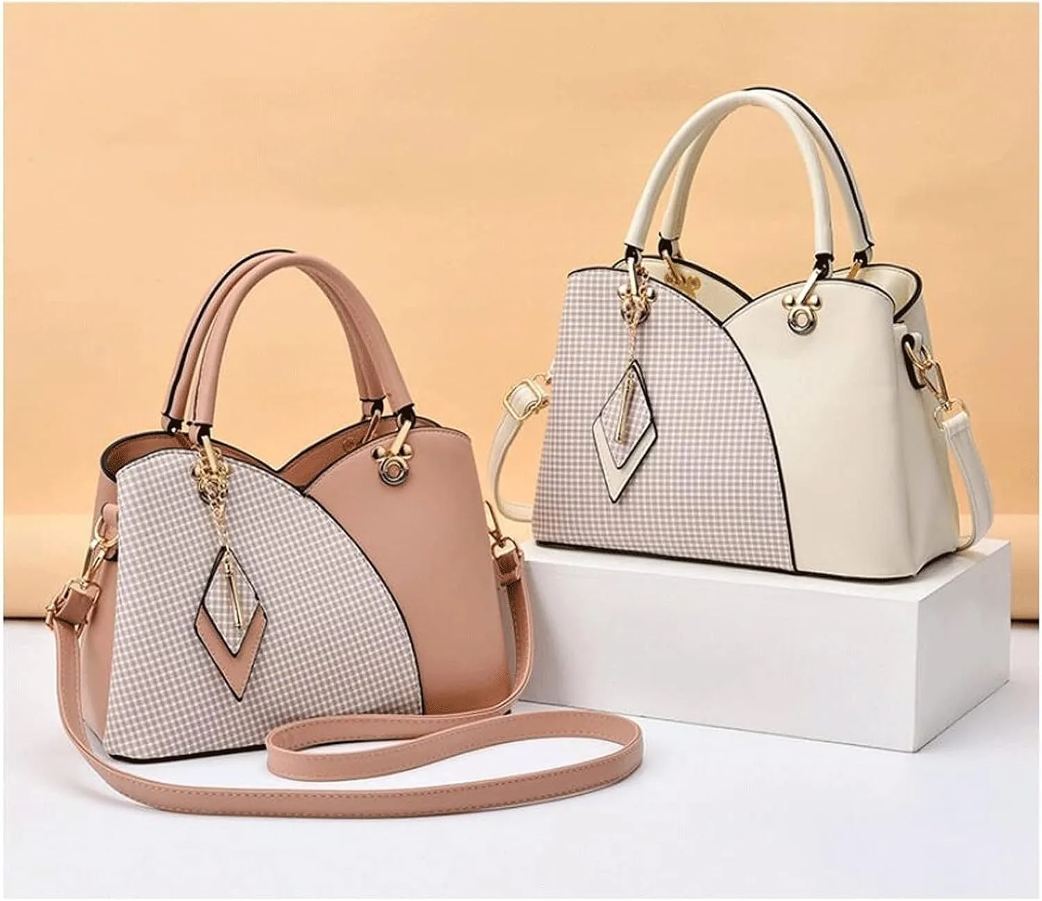Women's Handbags Plaid Women Bags Fashion Metal Buckle Women Handbags Color Matching Shoulder Messenger Bag Lady Simple Style Hand Bags(Brown)