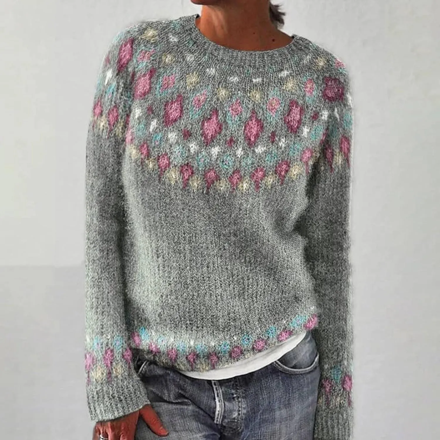Womens Knitted Fair Isle Print Retro Sweater Long Sleeve Crewneck Sweater Ugly Christmas Fall Sweaters for Women 2024