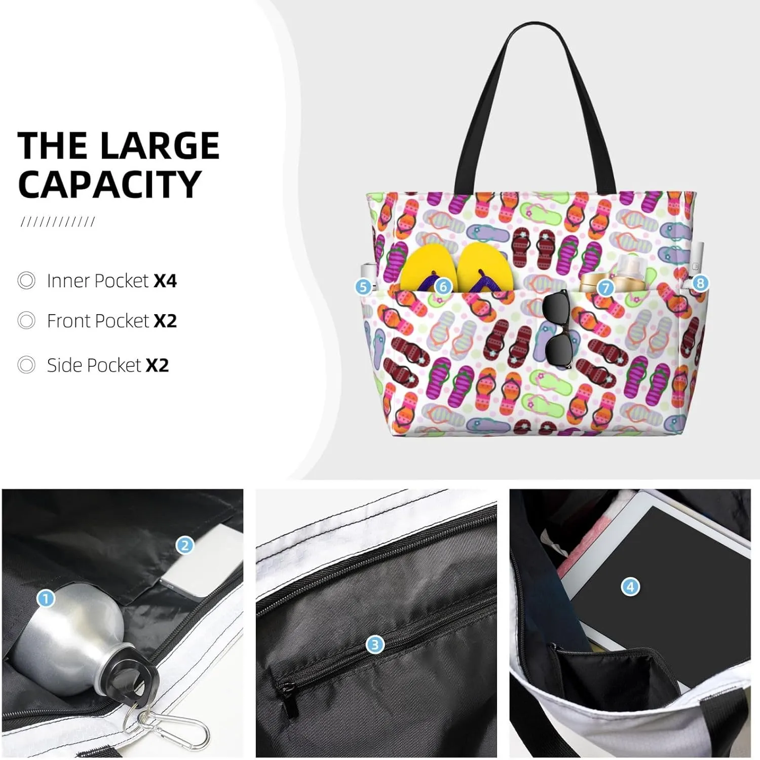 Women's Large Beach Bag Waterproof Travel Tote Bag with Pocket Lightweight Foldable Large Weekender Bags for Pool Vacation