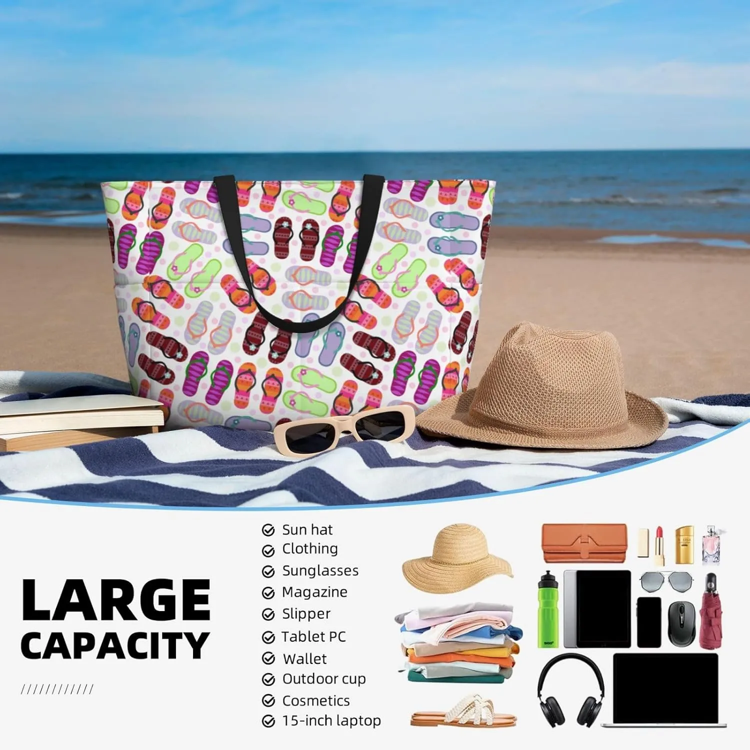 Women's Large Beach Bag Waterproof Travel Tote Bag with Pocket Lightweight Foldable Large Weekender Bags for Pool Vacation