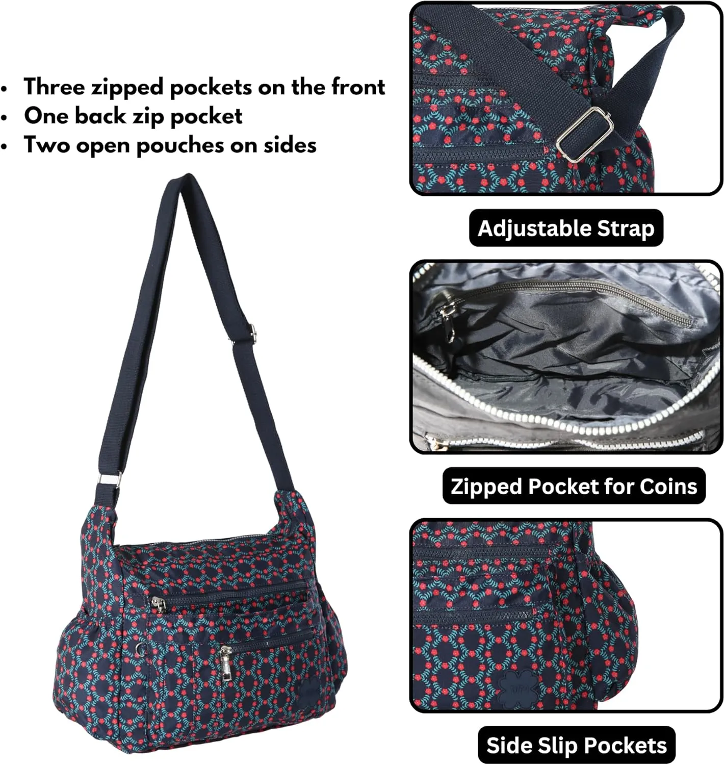 Women's Lightweight Cross Body Handbag - Large Size Multipocket Light Waterproof Fabric Messenger Bag - Kiana