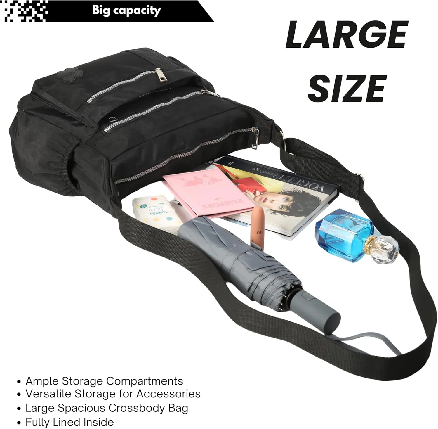 Women's Lightweight Cross Body Handbag - Large Size Multipocket Light Waterproof Fabric Messenger Bag - Kiana