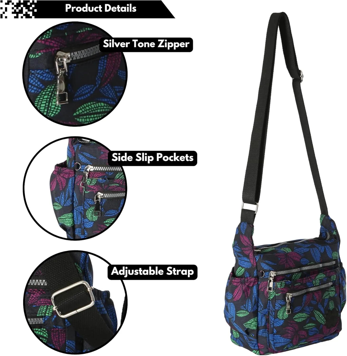 Womens Lightweight Cross Body Handbag - Medium Size Multipocket Rainproof Fabric Messenger Cross-Body Bag - Poppy