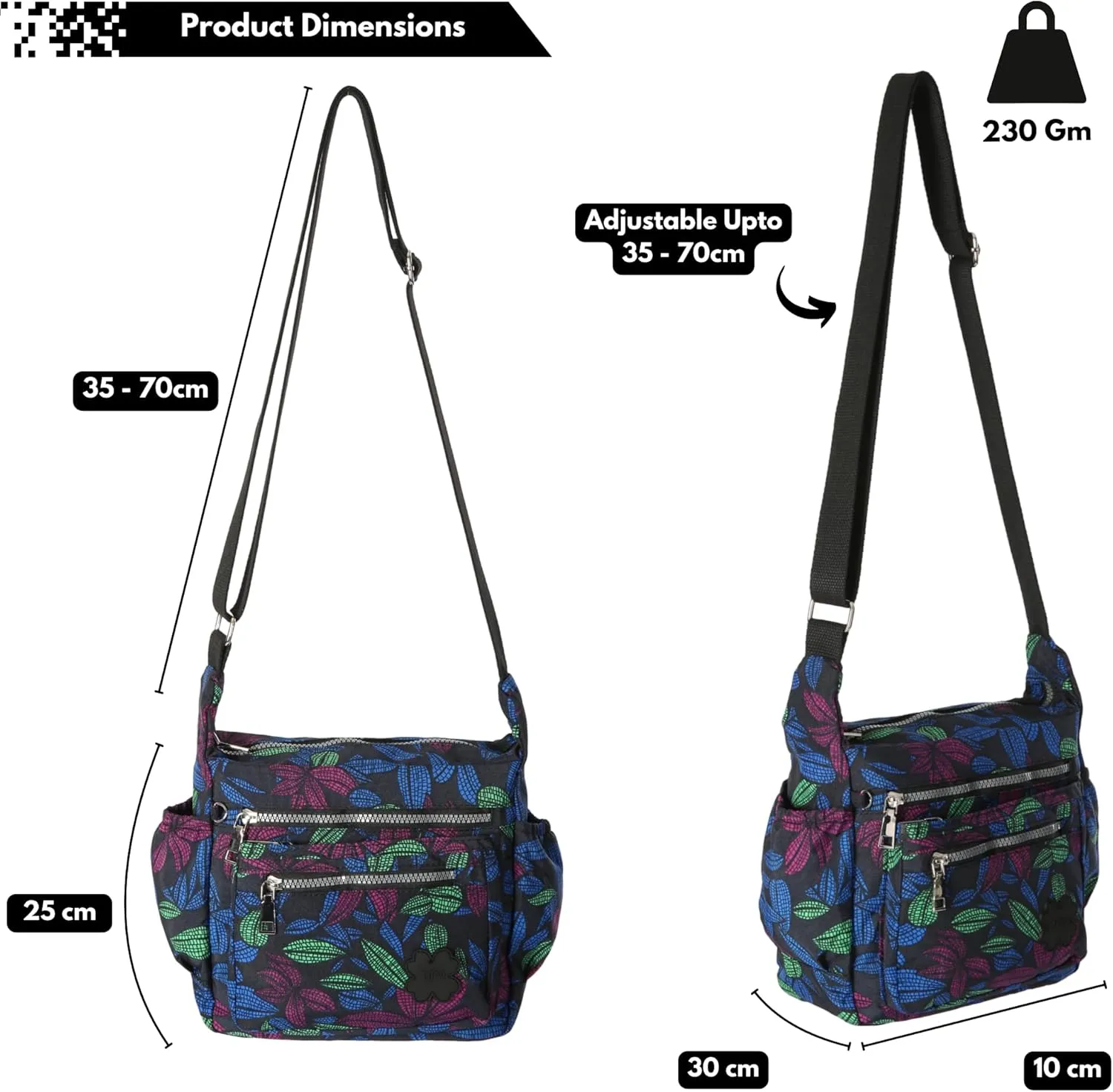 Womens Lightweight Cross Body Handbag - Medium Size Multipocket Rainproof Fabric Messenger Cross-Body Bag - Poppy