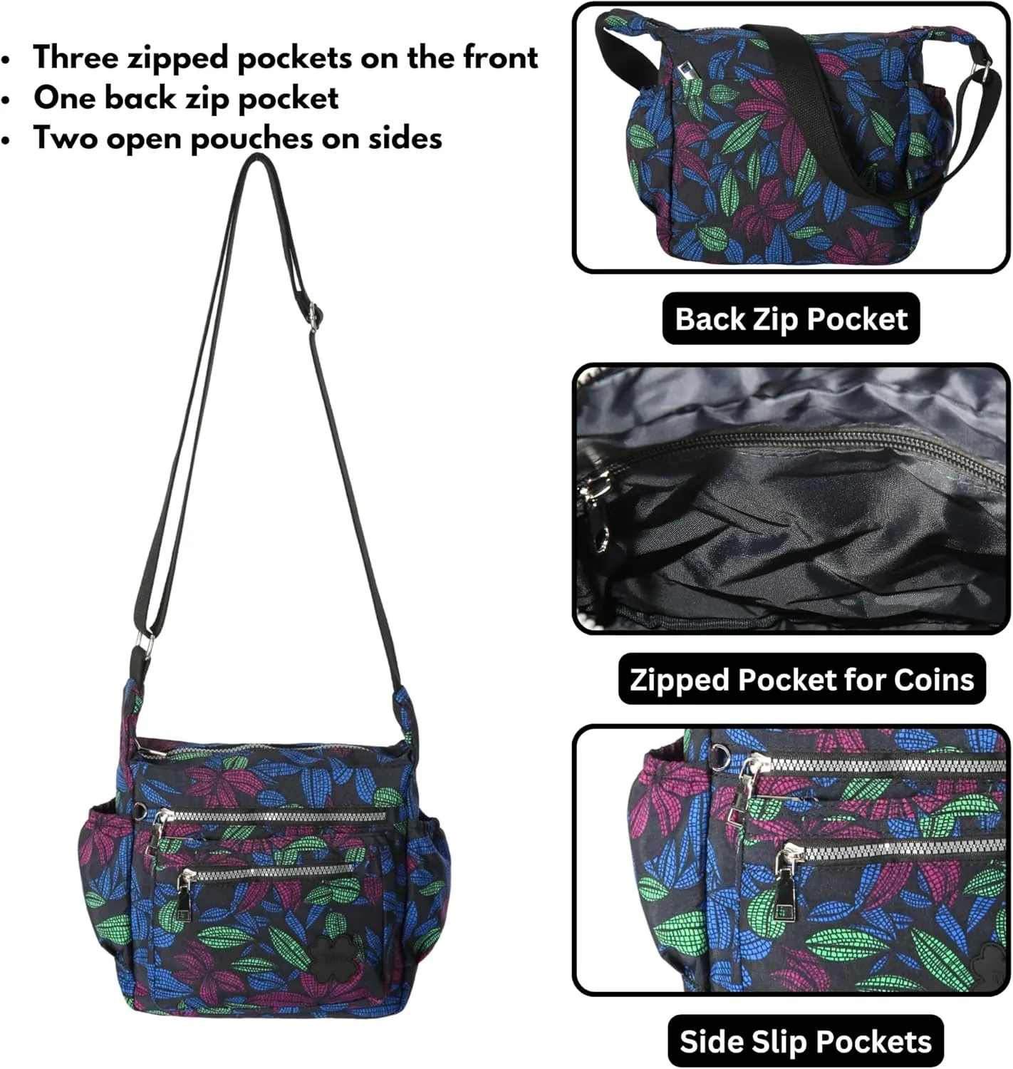 Womens Lightweight Cross Body Handbag - Medium Size Multipocket Rainproof Fabric Messenger Cross-Body Bag - Poppy