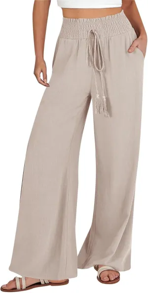 Womens Linen Blend Summer Palazzo Palazzo Pants Elastic Waist Wide Leg Plus Size Pant Trousers Trendy