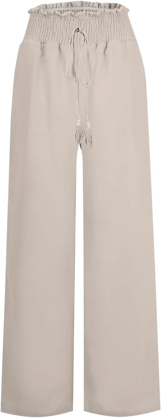Womens Linen Blend Summer Palazzo Palazzo Pants Elastic Waist Wide Leg Plus Size Pant Trousers Trendy