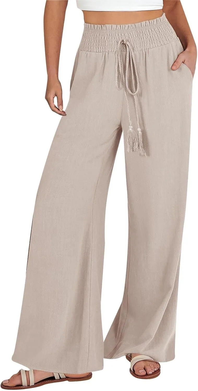 Womens Linen Blend Summer Palazzo Palazzo Pants Elastic Waist Wide Leg Plus Size Pant Trousers Trendy