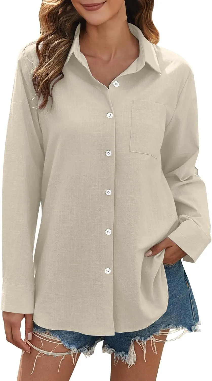 Womens Linen Button Down Shirts Women's Floral Butterfly Print Natural Autumn Casual Collared Blouses Loose Fit