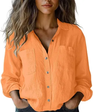 Womens Linen Button Down Shirts Women's Floral Butterfly Print Natural Autumn Shirts Loose Work Tops with Pockets