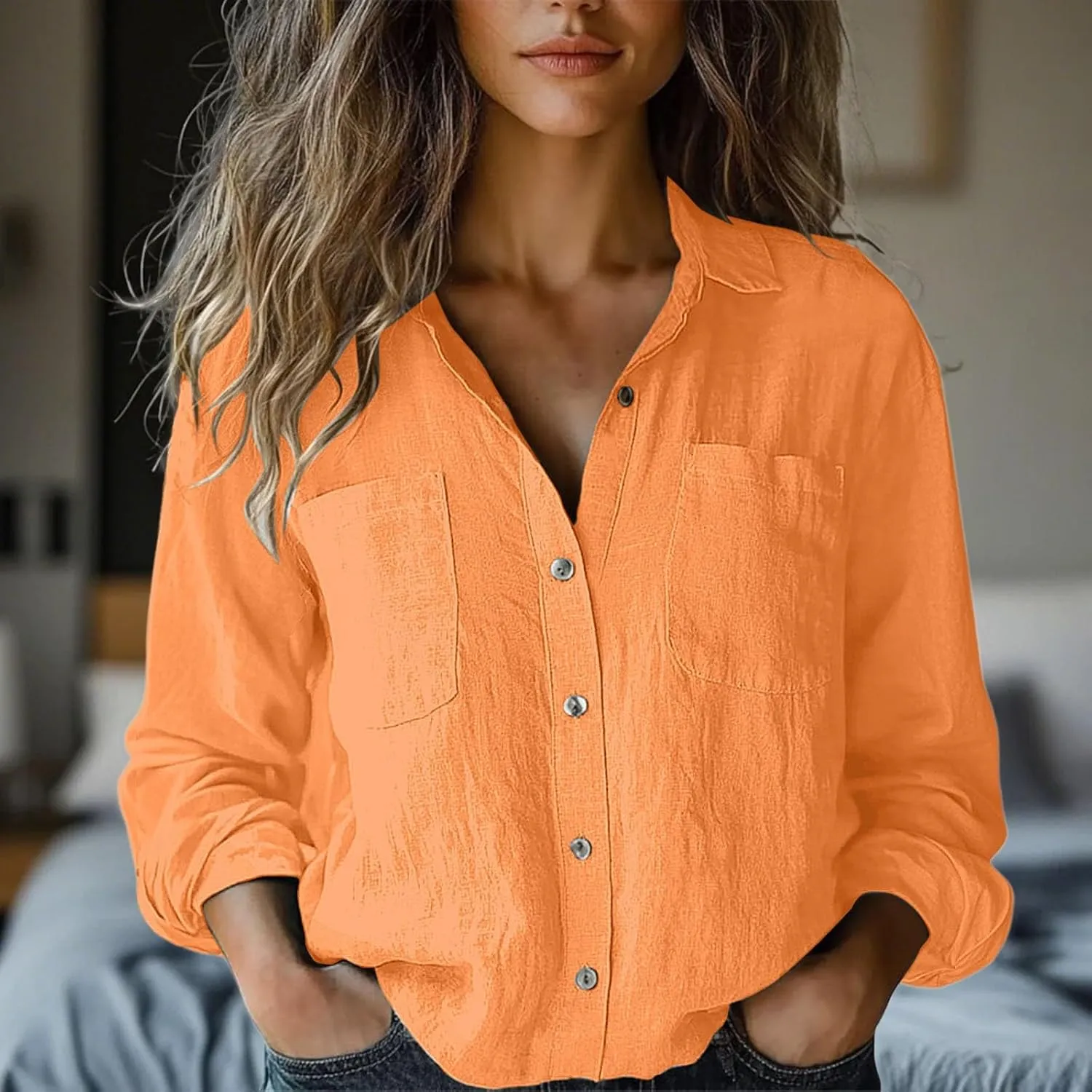 Womens Linen Button Down Shirts Women's Floral Butterfly Print Natural Autumn Shirts Loose Work Tops with Pockets