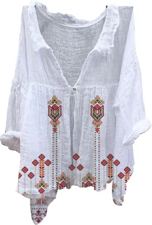 Women's Linen Oversized Blouses Vintage Women's Retro Floral Art Print Casual Long Boyfriend Dress Shirt
