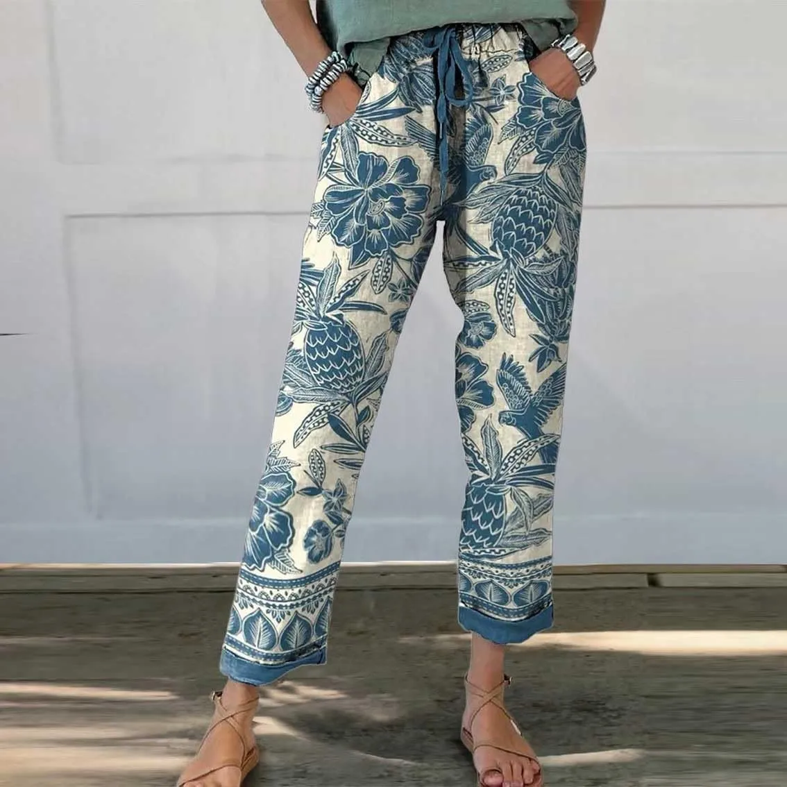 Womens Linen Pants Summer Casual Wide Leg Elastic Waist Tummy Control Trousers Comfy Baggy Beach Pants with Pockets