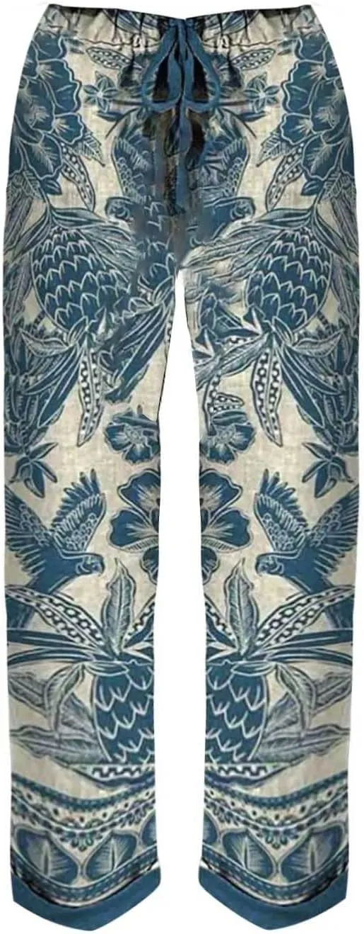 Womens Linen Pants Summer Casual Wide Leg Elastic Waist Tummy Control Trousers Comfy Baggy Beach Pants with Pockets