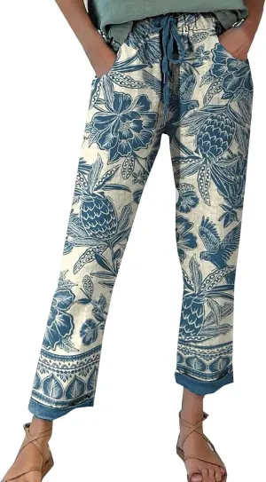 Womens Linen Pants Summer Casual Wide Leg Elastic Waist Tummy Control Trousers Comfy Baggy Beach Pants with Pockets