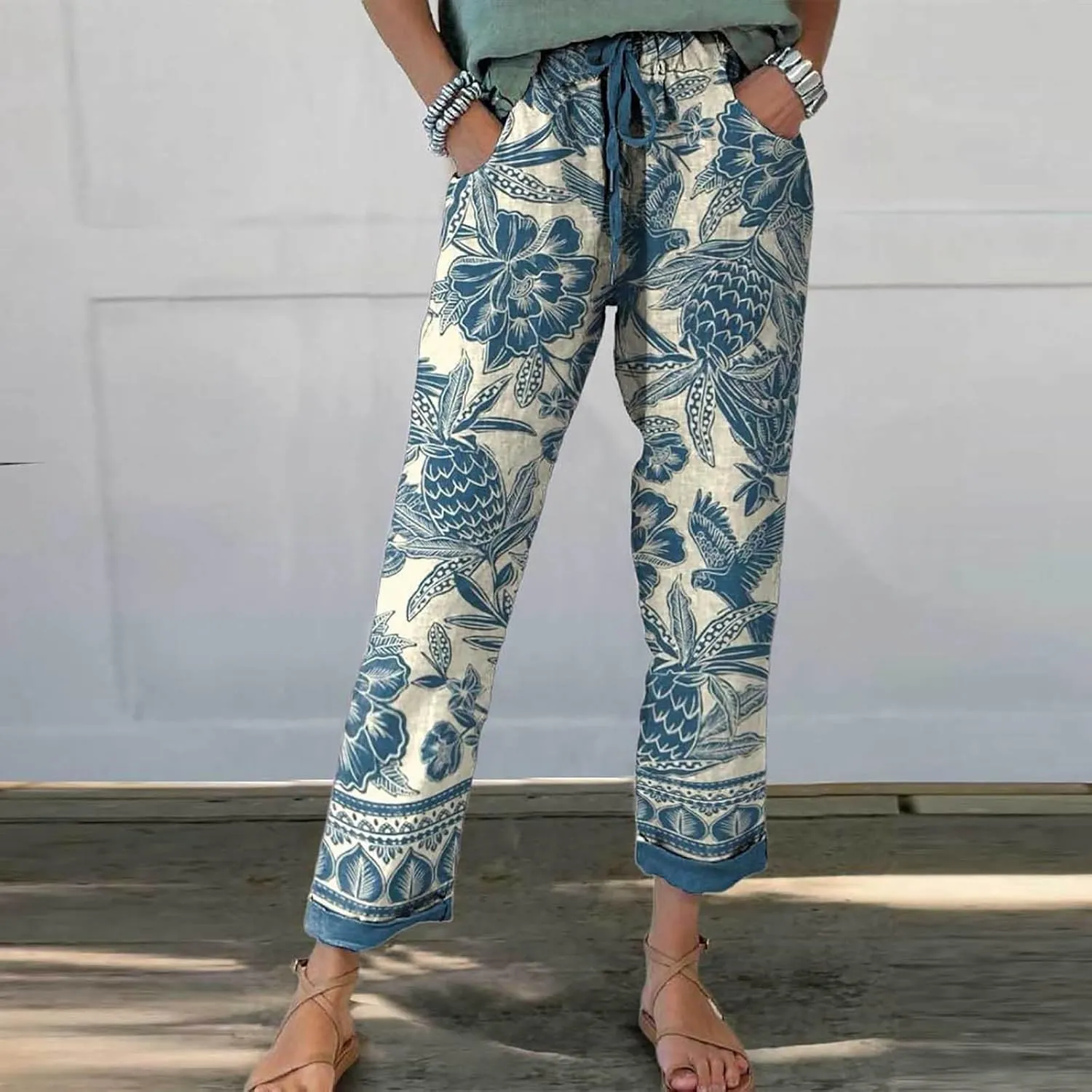 Womens Linen Pants Summer Casual Wide Leg Elastic Waist Tummy Control Trousers Comfy Baggy Beach Pants with Pockets