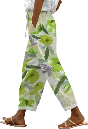 Womens Linen Summer Capri Pants Capri Pants with Pockets Wide Leg Cropped Pants for Women Comfy Loose Summer Beach