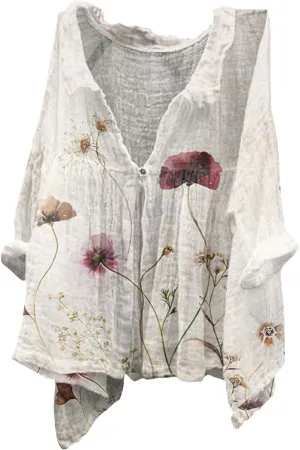 Womens Linen Tops Print Natural Autumn Fragrant Fabric Shirt Women Button Down Shirt Womens Linen Button Down Shirts