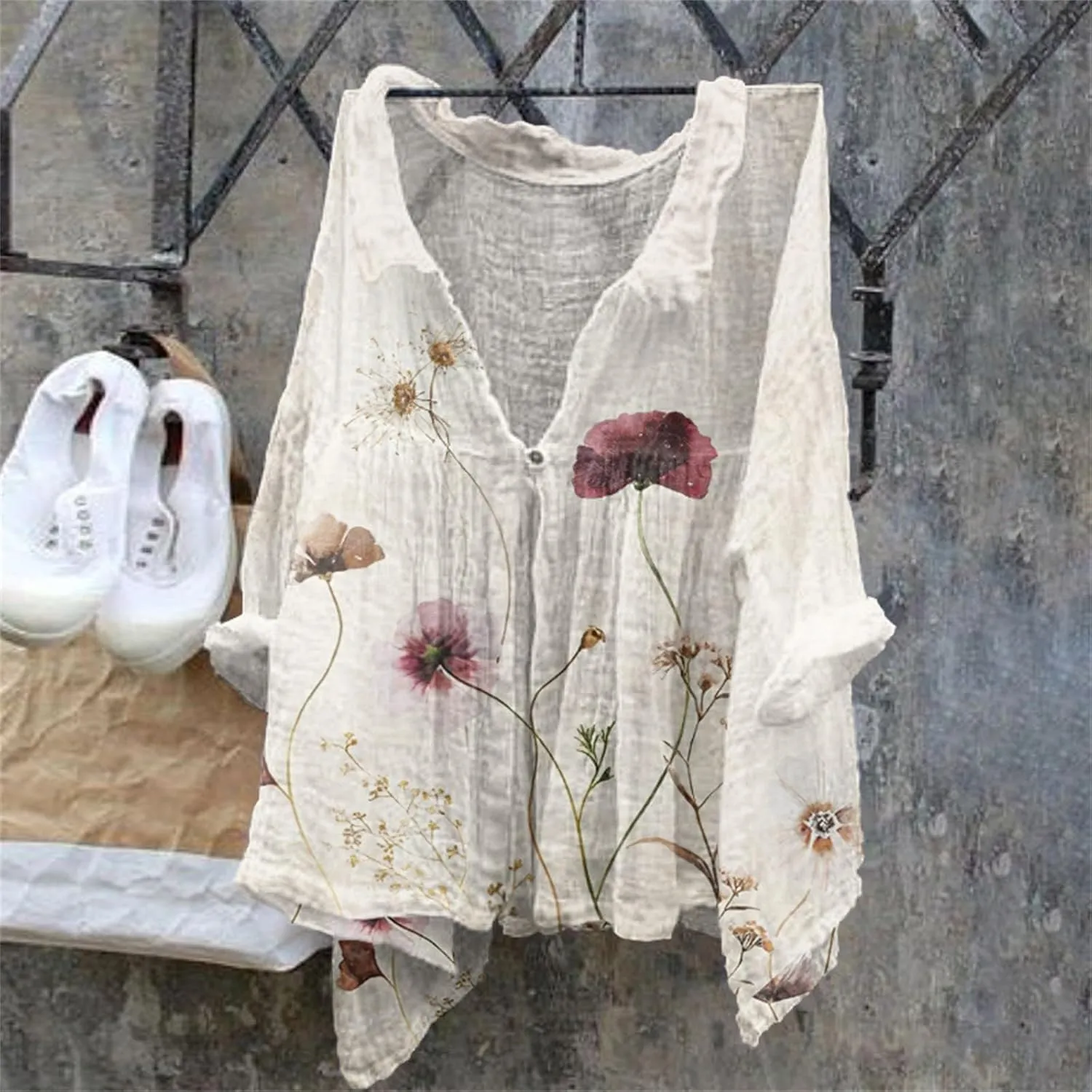 Womens Linen Tops Print Natural Autumn Fragrant Fabric Shirt Women Button Down Shirt Womens Linen Button Down Shirts