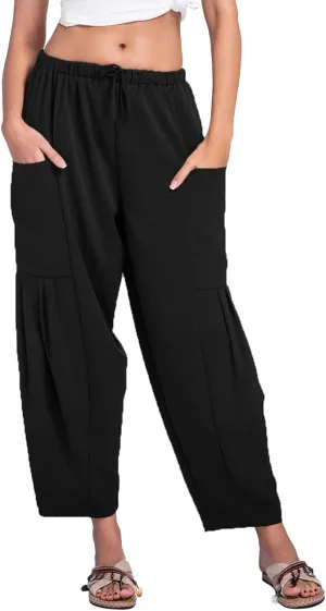 Womens Linen Wide Leg Pants Casual Palazzo Drawstring Summer Beach Travel Vacation Palazzo Harem Pants with Pockets