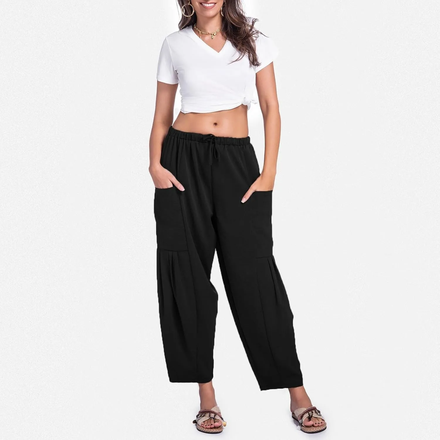 Womens Linen Wide Leg Pants Casual Palazzo Drawstring Summer Beach Travel Vacation Palazzo Harem Pants with Pockets