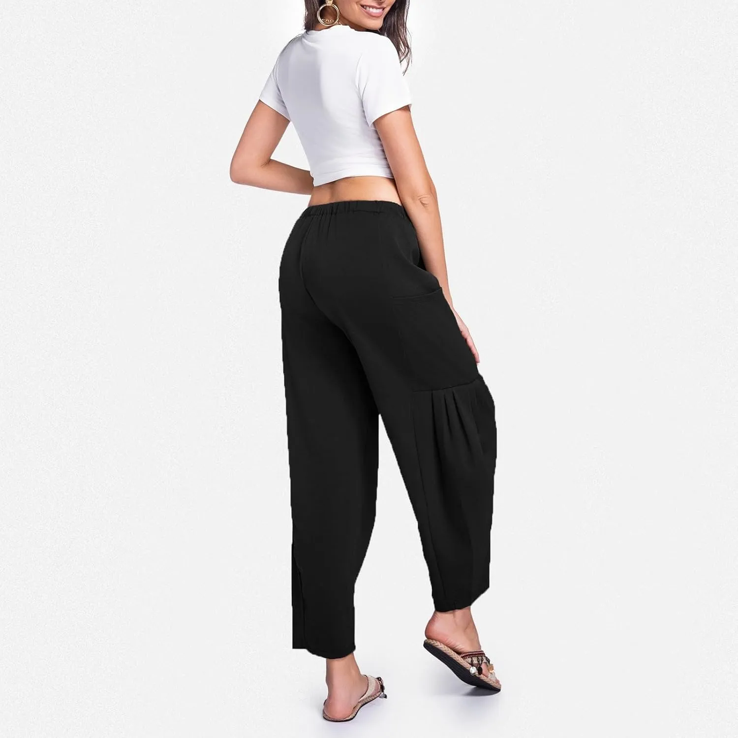 Womens Linen Wide Leg Pants Casual Palazzo Drawstring Summer Beach Travel Vacation Palazzo Harem Pants with Pockets