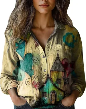 Womens Long Sleeve Button Down Long Sleeve Cotton Linen Tops for Women Loose Fit V Casual Collared Blouses Loose Fit