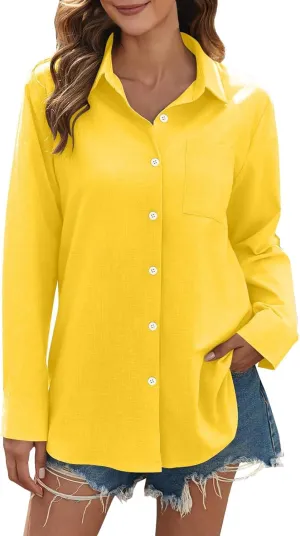 Womens Long Sleeve Button Down Women's Retro Floral Art Print Casual Long Sleeve Loose Fit Casual V-Neck Tops Linen