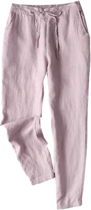 Women's Pants 2025 Cotton Linen Drawstring Elastic Waist Fashion Solid Color Trouser Loose Casual Comfy Length Pant