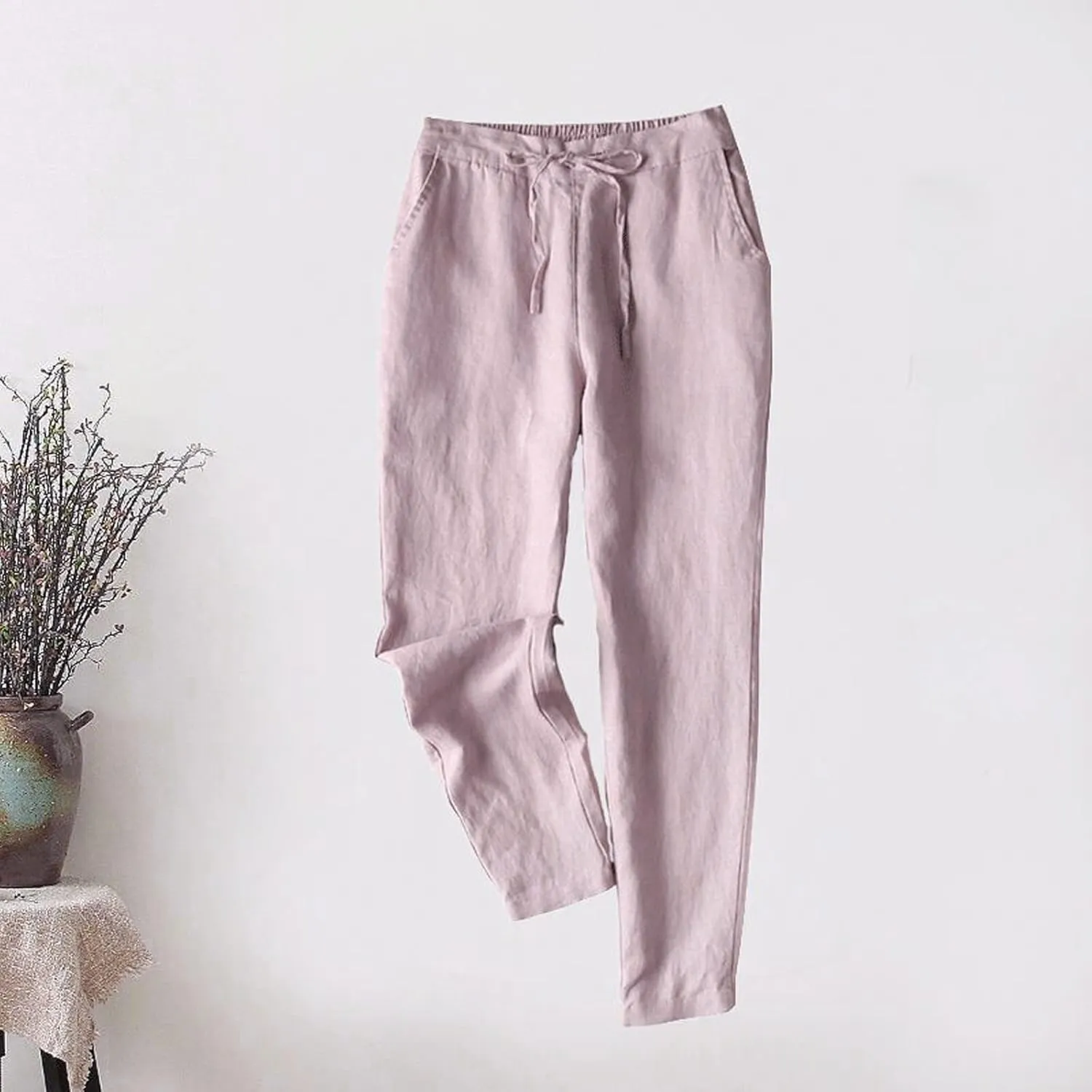 Women's Pants 2025 Cotton Linen Drawstring Elastic Waist Fashion Solid Color Trouser Loose Casual Comfy Length Pant