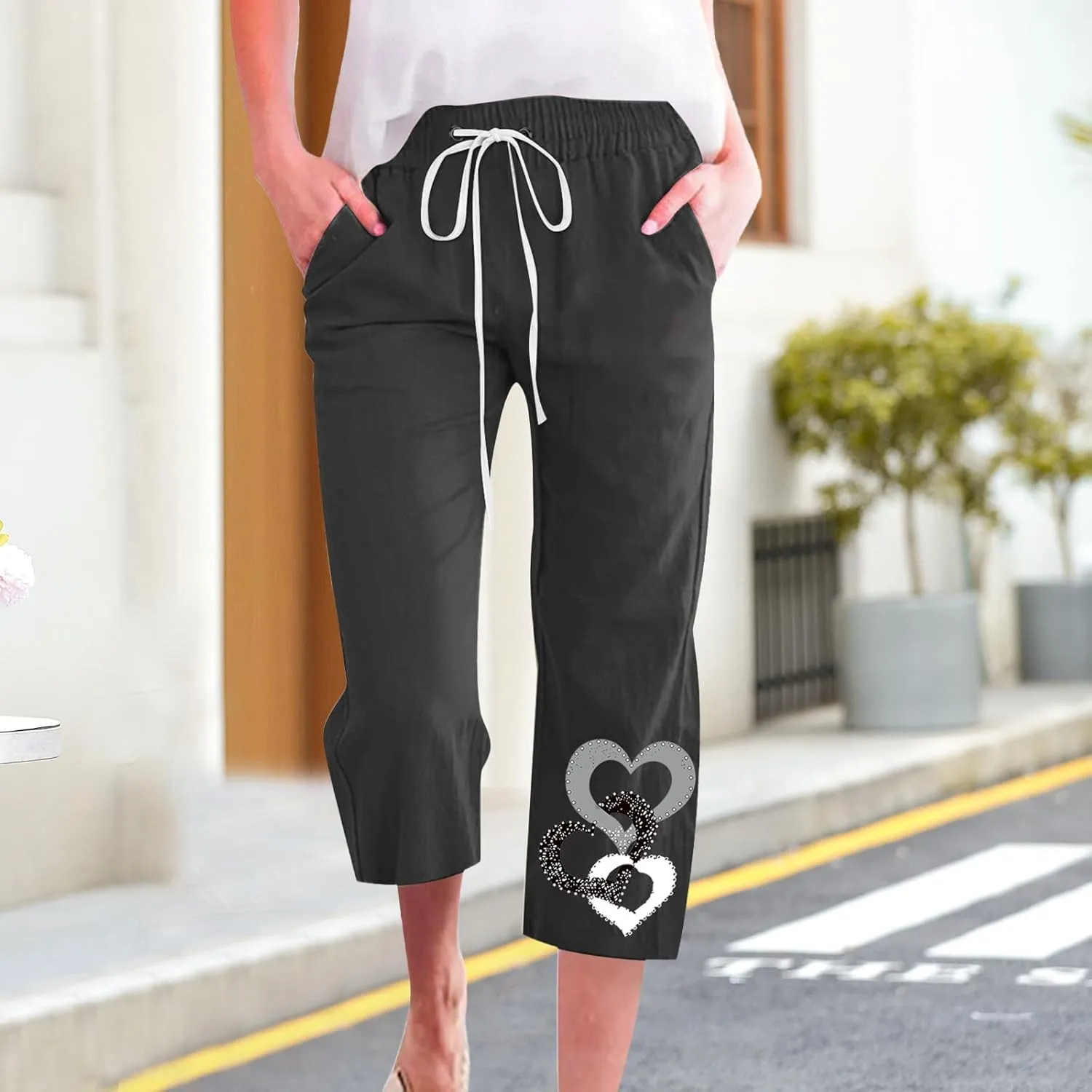 Womens Pants Drawstring Casual Lightweight Straight Leg Pants Loose Comfy Heart-Shaped Print Trousers with Pockets