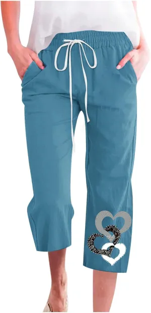 Womens Pants Drawstring Casual Lightweight Straight Leg Pants Loose Comfy Heart-Shaped Print Trousers with Pockets